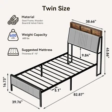 Twin Bed Frame with Headboard, Metal Platform Bed w/ 2-Tier Storage LED Lights