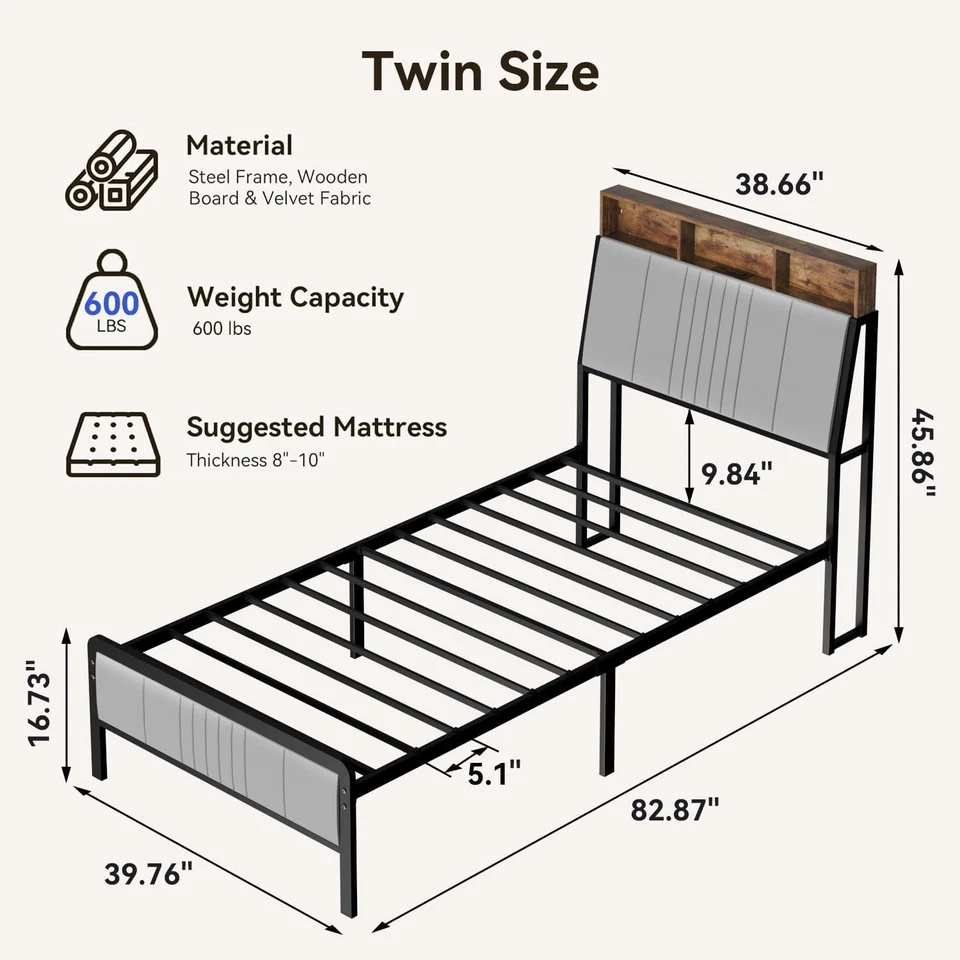 Twin Bed Frame with Headboard, Metal Platform Bed w/ 2-Tier Storage& LED Lights- - Image 2 of 4