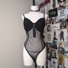 Black Sheer Polka Dot Mesh Bodysuit