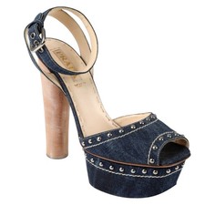 PRADA Blue Denim Studded Wooden Heel Ankle Strap Sandals, Size 37.5