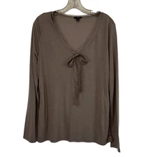 Ann Taylor Brown V NeckTie Front Long Sleeve Blouse