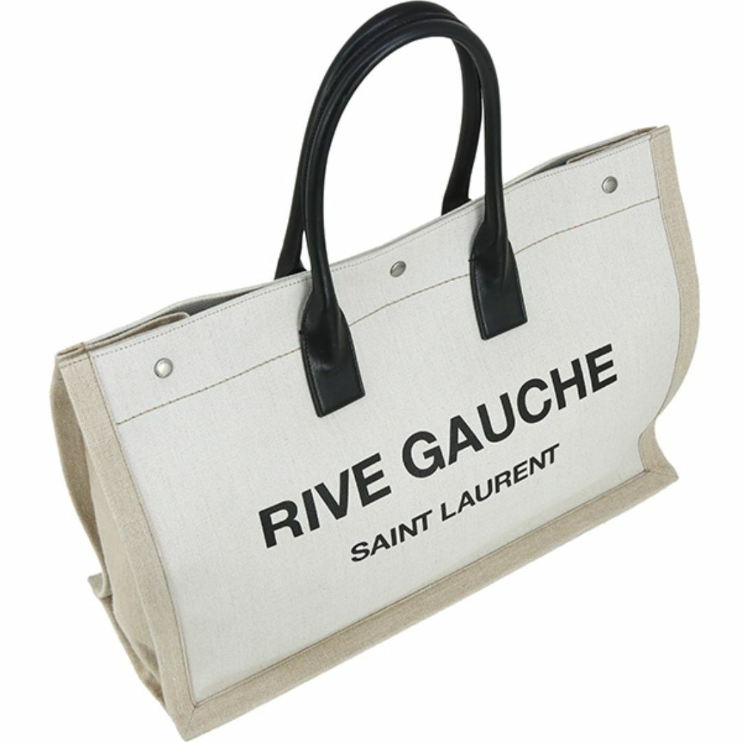Saint Laurent Tote Bag Shopping Rivgauche Cotone Tela Pelle Bianco Naturale Bl
