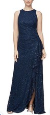 ALEX EVENINGS Navy Blue Sequin Ruched Ruffle A-Line Gown Dress sz.6 NWT 239