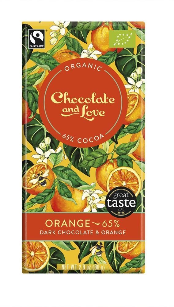 Chocolate Love Vegan/Organic/Fairtrade Orange Dark Chocolate 65% 80g - 14 Pack