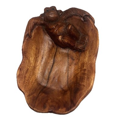 WOOD ART MONKEY HAND CARVED FRUIT BOWL KITCHEN JUNGLE APE GORILLA