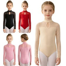 Girls Bodysuit Dance Leotard Mock Neck Mesh Patchwork Event Training Dancewear