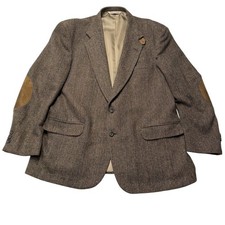 Stafford 46L Vintage Tweed Blazer Wool Lambswool Herringbone Elbow Patches USA
