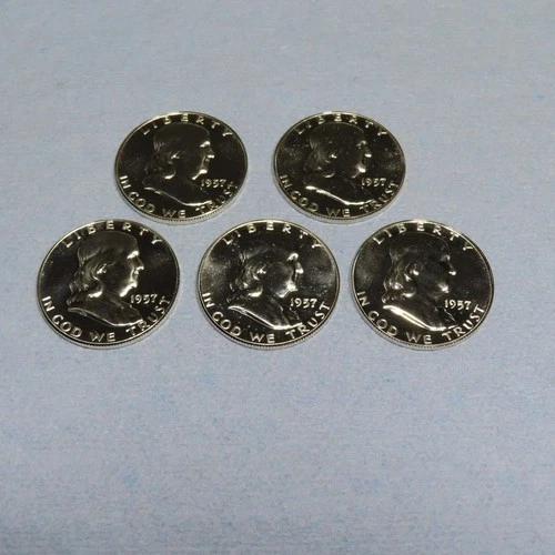 LOT OF 5 1957 PROOF FRANKLIN HALF DOLLAR 90 PERCENT SILVER COINS