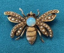 Victorian 14k Bee Insect Opal Pearl Ruby Eyes...