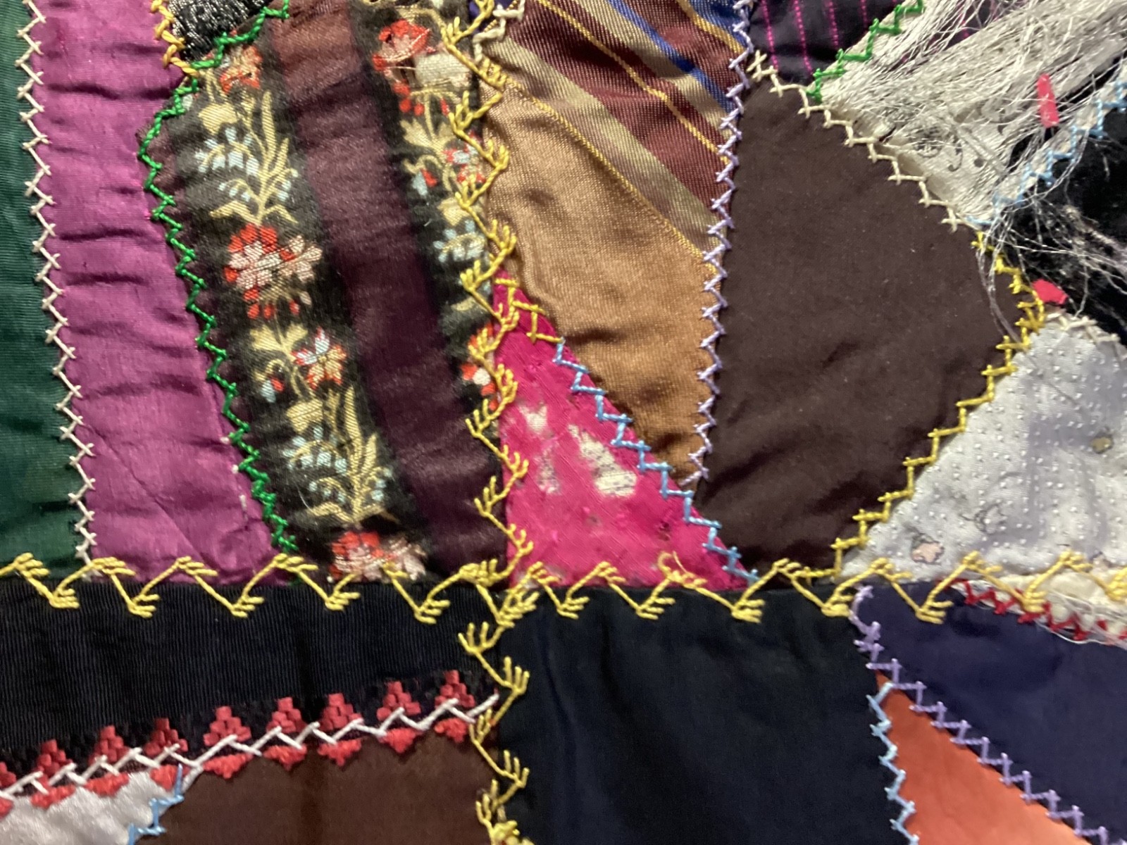 Crazy Log Cabin Quilt Blocks Hand Embroidery Embellishment Wool Silk Vintage