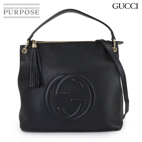Gucci Interlocking G Hobo 2Way Shoulder Bag Handbag Leather Black tassel 536194