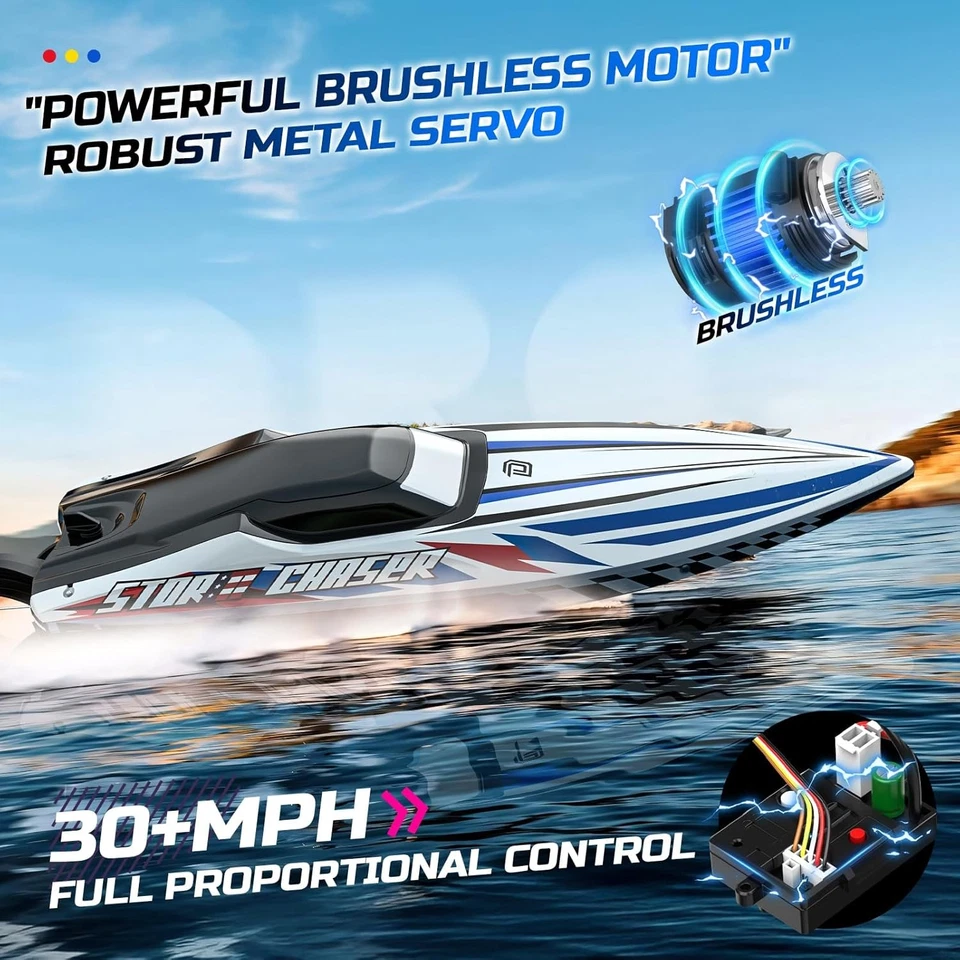 DEERC Racing RC Boat 30mph Brushless LED Pool Toy Gift - Image 3 of 4
