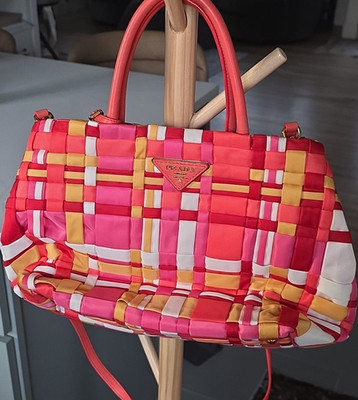 Vintage Authentic Prada Pink/Orange Woven Medium Sized Satchel Bag