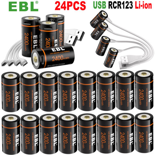 24x EBL RCR123 CR123A CR123 Batteries 3V Lithium Li-ion USB Rechargeable + Cable