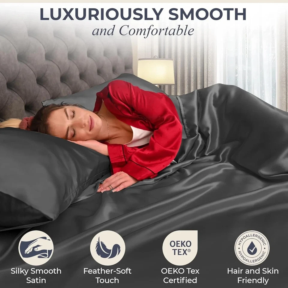 Sábanas planas ajustables satinadas de lujo sedosas suaves 1800 microfibra-CALIFORNIA KING Foto 2 de 2