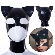 US Black Latex Hood Chin Open Rubber Mask for Catwoman Cosplay Catsuit Clubwear 