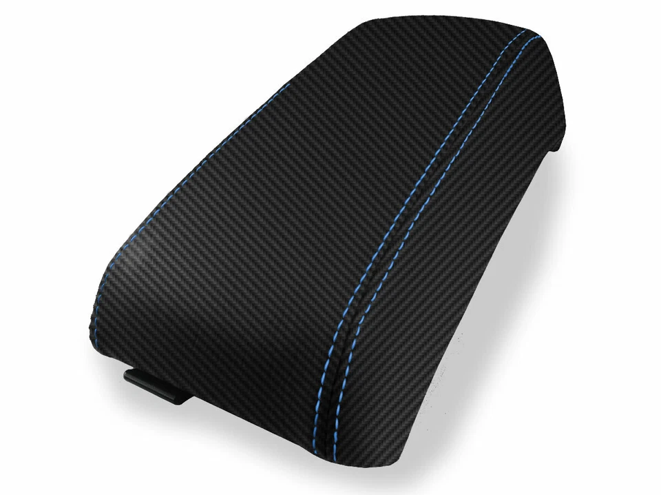 Se adapta a Subaru Baja 2003-2006 tapa de consola de fibra de carbono reposabrazos cubierta puntada azul Foto 2 de 4