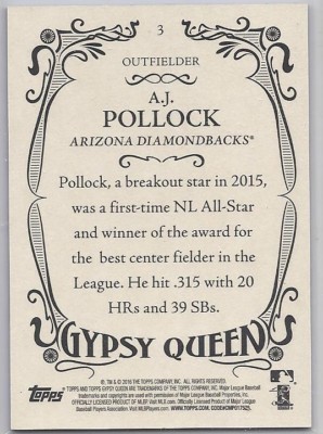 2016 Topps Gypsy Queen, FRAMED PURPLE #3, A.J. Pollock