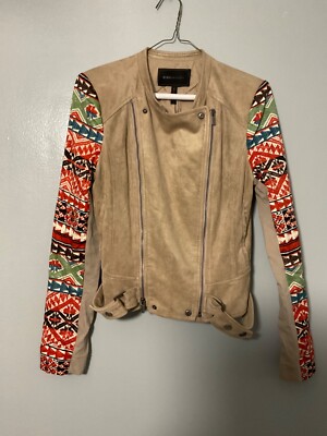 bcbg maxazria Women Beige Faux Leather Aztec Motorcycle  Peter  Size Small NWT