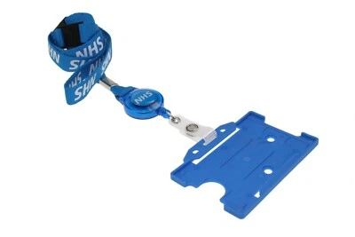 NHS Retractable Lanyard With Built in Badge Reel and Single Blue ID Card Holder