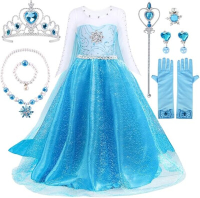 TOLOYE Prinzessin Kleid Mädchen, Eiskönigin Elsa Kleid mit Elsa Krone Zauberstab