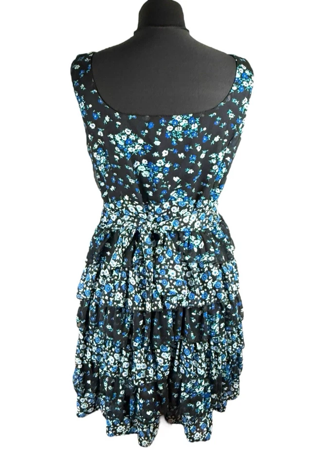 Austin Black Floral Mini Dress Ruffle Layers Tie Back Women’s UK Size 18 - Изображение 3 из 4