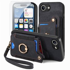 For iPhone 16e 6.1" 2025 Wallet Case with RFID Blocking Card Holder Wrist Strap