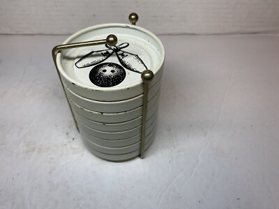 Vintage Set Of 8 Bowling Ball And Pin Metal Drink Coasters With Stand