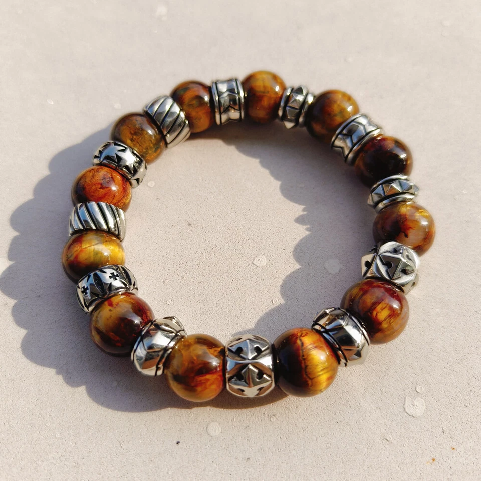 Accesorio de cuproníquel 12 mm cuentas redondas pietersita pulsera punk para hombre CP475A Foto 4 de 4