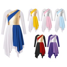 Kids Girls Performance Dress Shiny Dance Dress Praise Contrast O Neck Gymnastic
