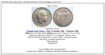1899 PORTUGAL King Carlos I VINTAGE OLD Silver 1000 Reis
