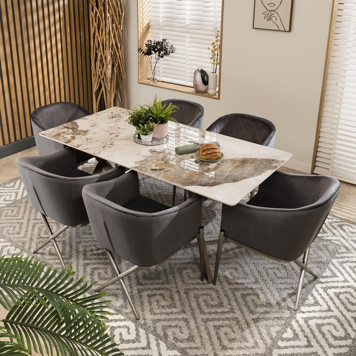 Seater Ceramic Marble Dining Table And Chairs Set Grey Velvet