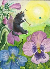 ACEO PRINT OF PAINTING RYTA TUXEDO CAT FAIRY GARDEN ENCHANTED FOREST Folk ART 🌸