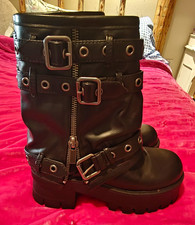 Dolls Kill Black Biker Mid-Calf Faux Leather Zip Buckle Boots US 9