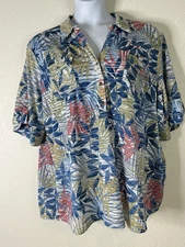 Rebecca Malone Women Plus Size 3X Semi-sheer Striped Leaf Print Top Short Sleeve