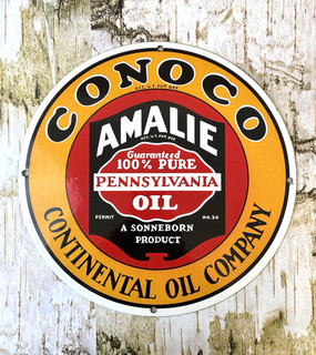 VINTAGE CONOCO AMALIE 100% PURE PENNSYLVANIA OIL GASOLINE OIL PORCELAIN GAS SIGN