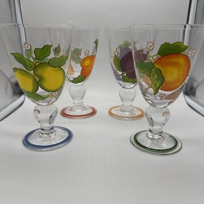 BEAUTIFUL HAND PAINTED WATER TEA GOBLETS BRIGHT COLORED FRUITS BLOOMS Set Of 4