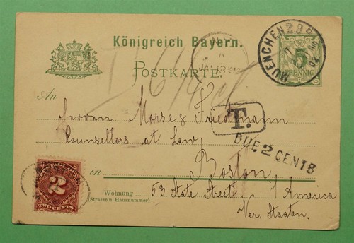 DR WHO 1902 BAYERN GERMANY POSTAL CARD TO USA POSTAGE DUE w3543