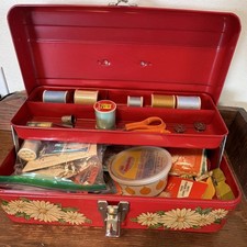 Vintage Red Metal Sewing Box w/ Floral Design...