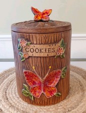 Vintage Treasure Craft Butterfly Cookie Jar Wood Look Ceramic Canister USA Made