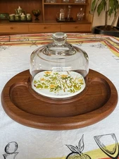 Goodwood Teak Retro Charcuterie Cheese Board Trivet w/ Glass Dome