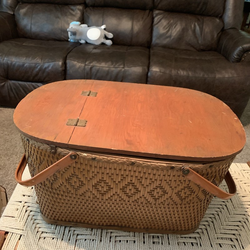 Vintage Red Man Picnic Basket Brown Wicker Wood Handles Well Made, 2 Small Holes
