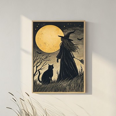 Hexe und ihre schwarze Katze unter dem Vollmond Block Vintage Retro Mystical Wall En