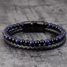 Men's Lapis Lazuli Onyx Leather Braided Bracelet Magnetic Clasp Bangle Wristband