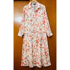 Ming Wang Long Sleeve Midi Shirt Dress Water Color Floral Crepe De Chine Size XL