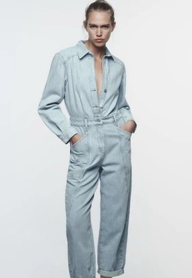 ZARA Z1975 JEAN DENIM JUMPSUIT in Gray/Blue Straight Leg w Pockets NEW Sz. S $90