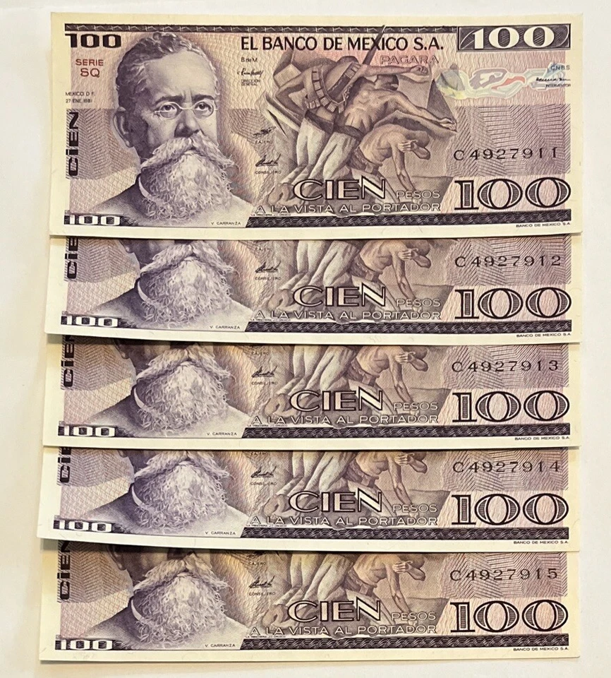 Billetes de 100 pesos México 1981 serie consecutiva sin circular 5 Foto 2 de 4