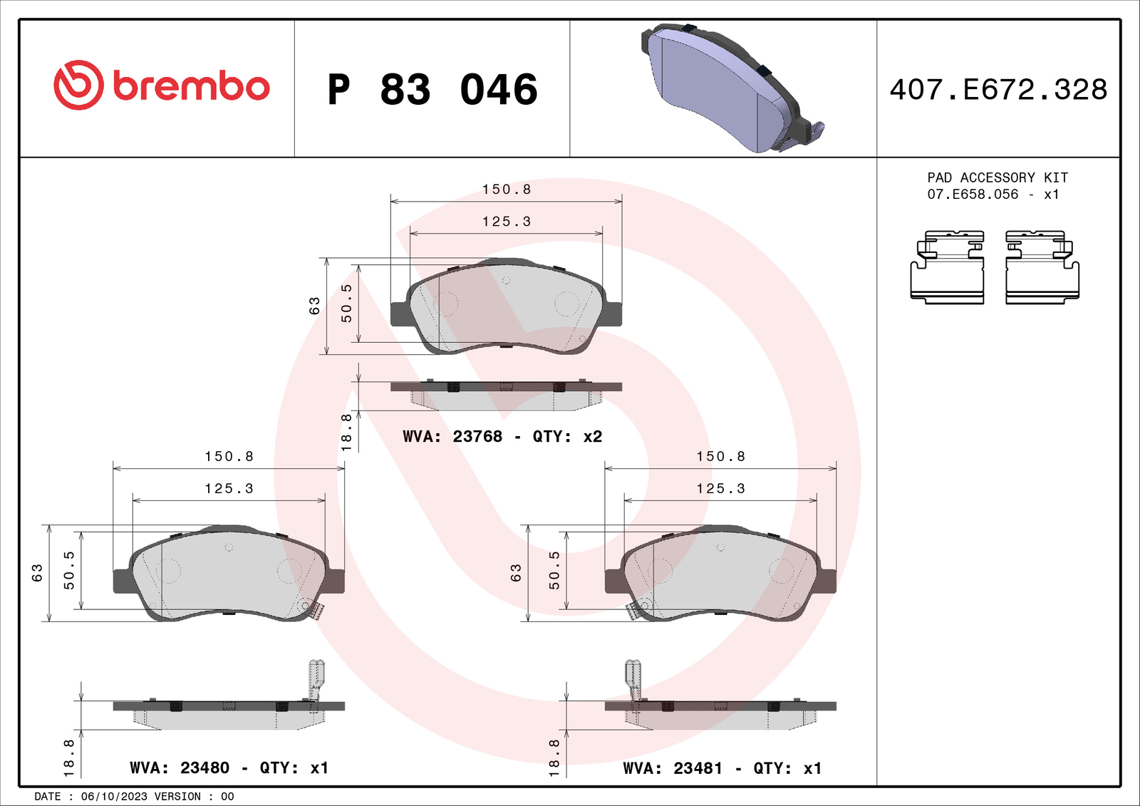 P 83 046 BREMBO Brake Pad Set, disc brake for TOYOTA