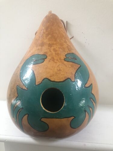 Hand Painted Rowan Gourd With Green Crab Birdhouse, 10” Tall Leather Tie Handle - Picture 1 of 9