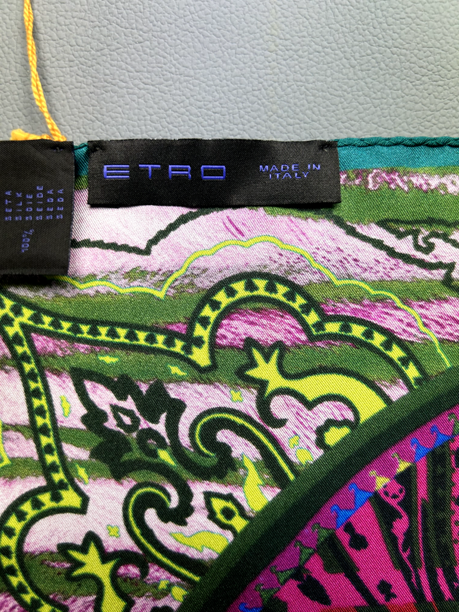 Foulard Vintage Etro En Soie 100% - Multicolore, Motif Géométrique, Fait Main En Italie, Très Bon état